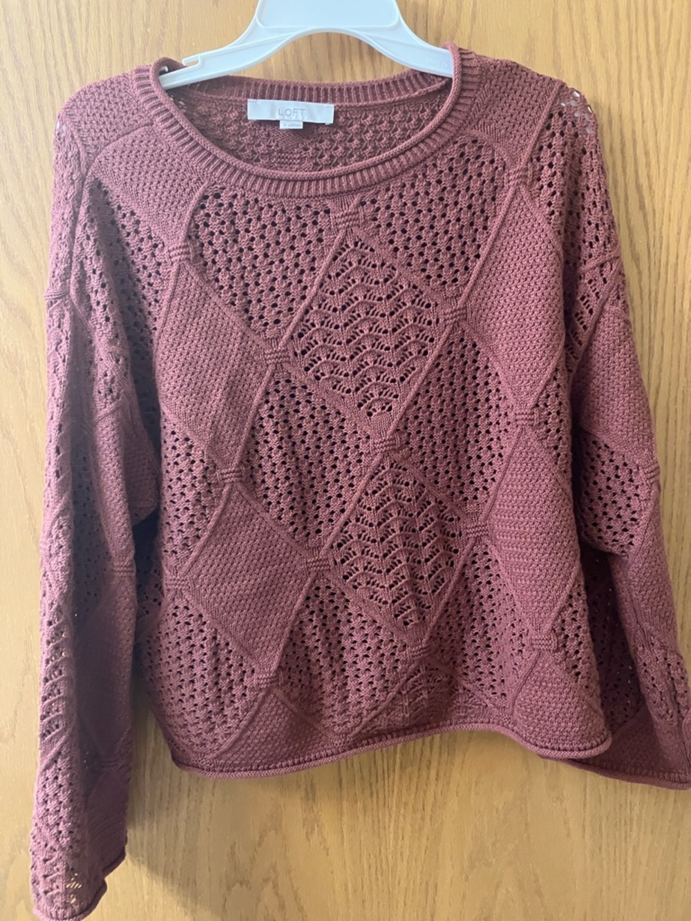 LOFT patchwork pointelle flare sleeve  Sweater - rust color size medium